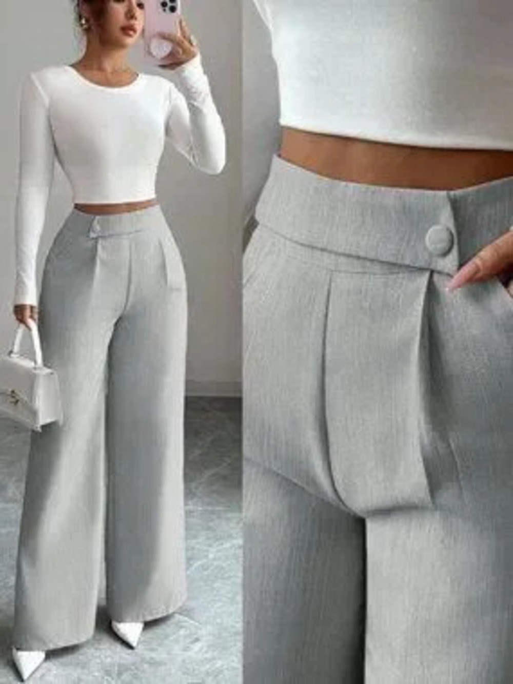 Grey Casual Women's Work Office Loose Flowy Straight Leg Pants